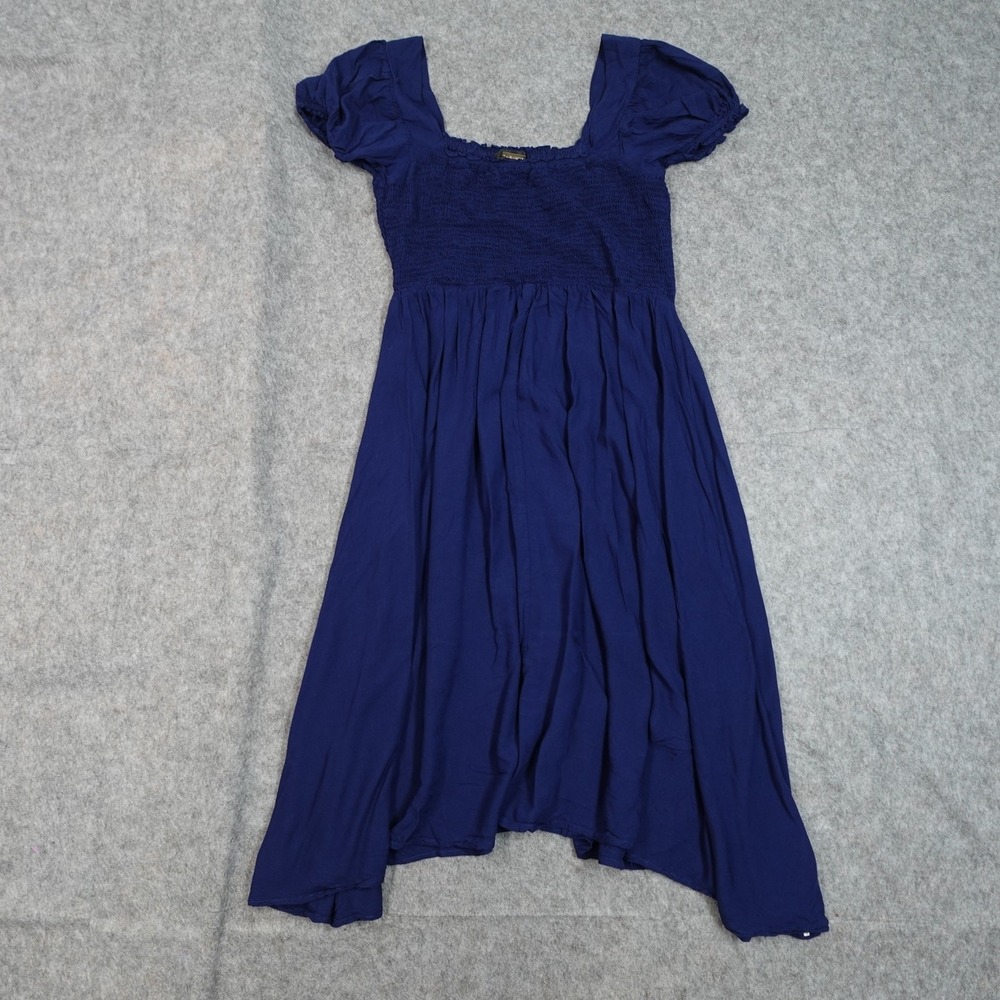 Alexia Admor Dress Womens S/M? Puff Sleeve Smocked Midi Blue Asymmetrical Hem